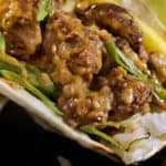Beef Kare Kare with Garlic Rice served as soft mini tacos