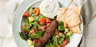 Middle Eastern-Inspired Koftas with Tomato Salad and Feta Yogurt Sauce