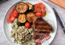 Steak with Grilled Vegetables and Pesto Quinoa
