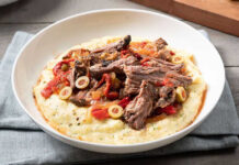 Slow Cooked Beef with Roasted Peppers and Herb Polenta
