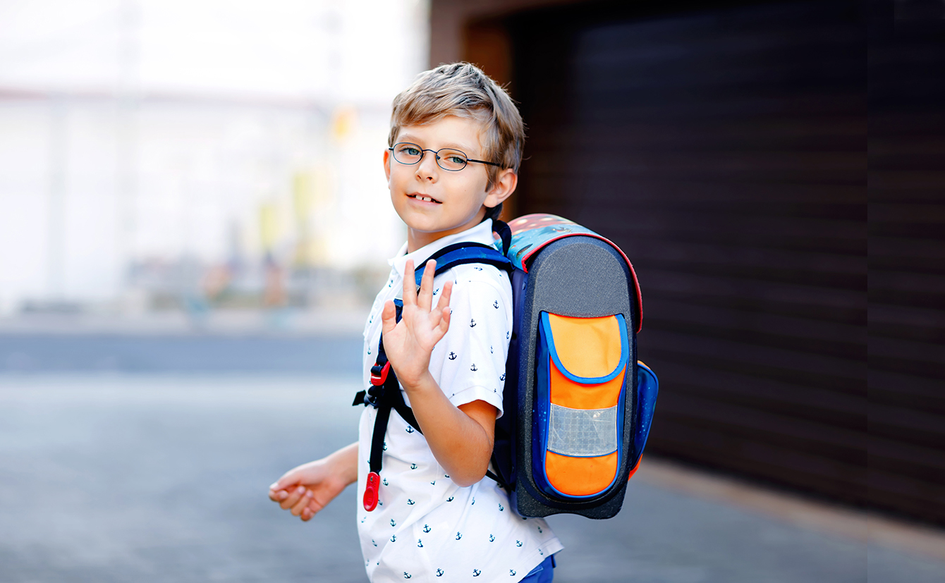 Happy Little Kid Boy With Glasses And Backpack Or Satchel. Schoo ...