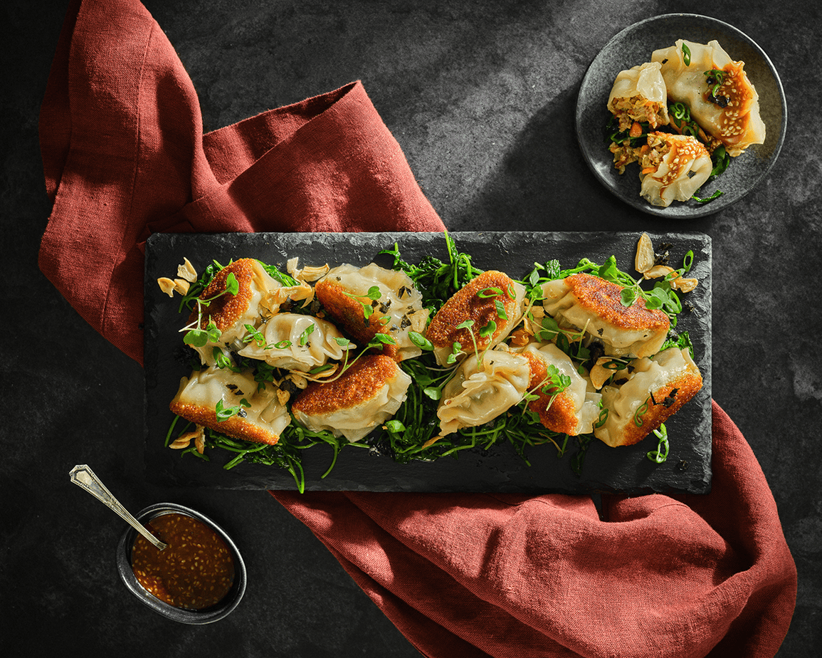XO-Beef-Gyozas-and-Sauteed-Snow-Peas-Leaves-with-Creamy-Sesame