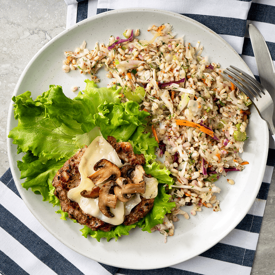 Lettuce-Wrapped-Mushroom,-Swiss,-Bacon-Burger-with-Barley-Slaw